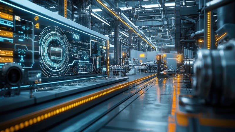 Futuristic automated factory interior with advanced robotics and digital interfaces vector illustration