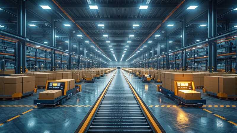 Futuristic Automated Warehouse with Robotics and Conveyor Belts - Generative AI vector illustration