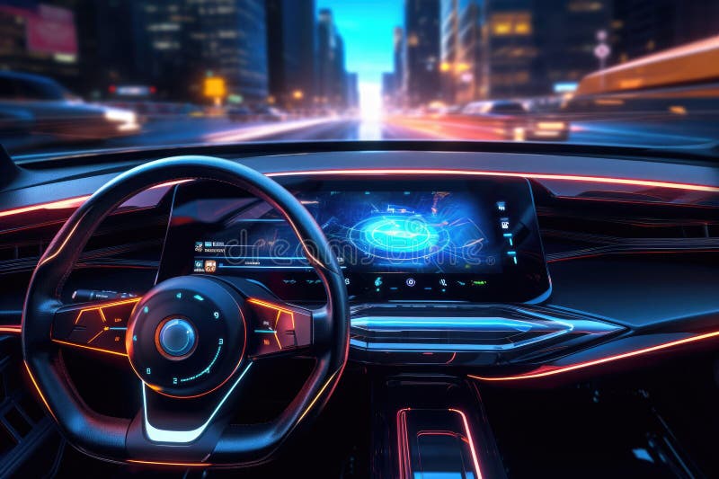 Futuristic Autonomous Vehicle Cockpit. Car Digital Dashboard