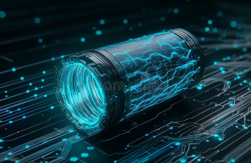 Futuristic battery with glowing blue energy patterns, surrounded by digital circuitry, symbolizes advanced technology and stock illustration