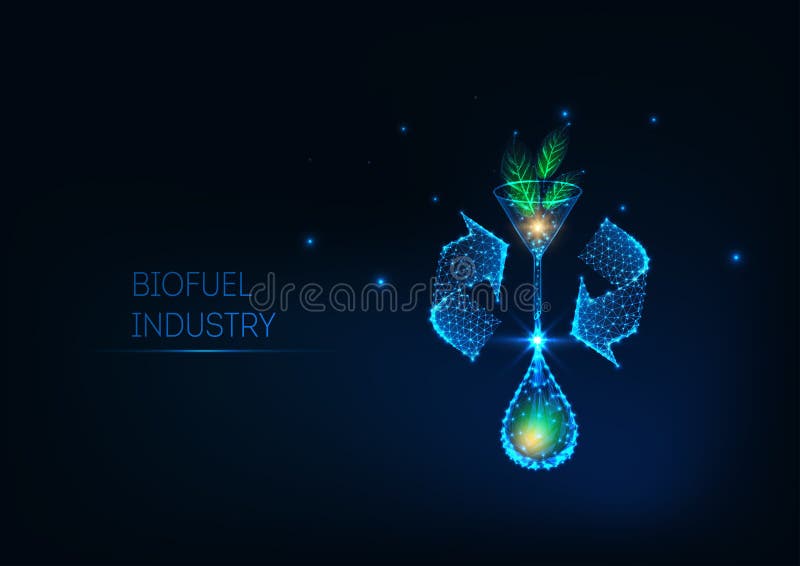 Futuristic biofuel industry concept with glowing low polygonal green leaves, funnel, and oil drop stock illustration Futuristic biofuel industry concept with glowing low polygonal green leaves, funnel, and oil drop stock illustration