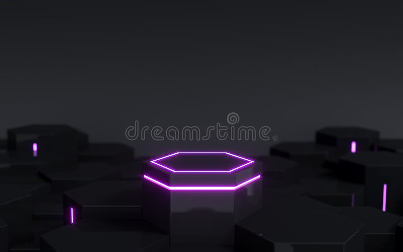 Futuristic black hexagonal sci-fi pedestal with purple neon light for display product showcase, 3d rendering royalty free illustration