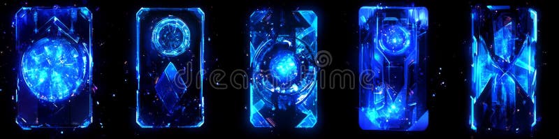 A futuristic blue frame with glowing neon tech elements set on a black background, featuring various geometric shapes royalty free stock images