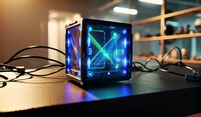 Futuristic Blue-Glowing Cube Device in High-Tech Lab royalty free illustration