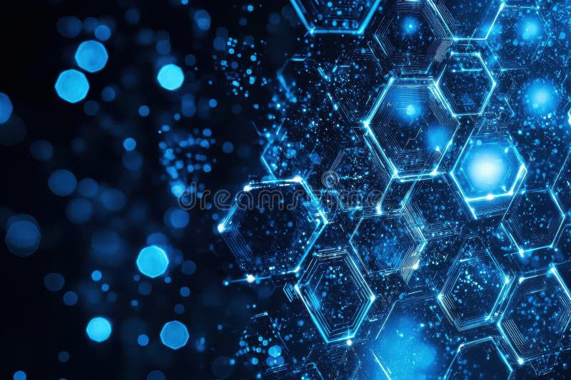 Futuristic Blue Hexagonal Pattern with Glowing Lights and Sparkles Creating a Technology Background for Digital and royalty free stock photos