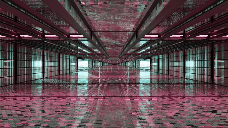 Futuristic brick tunnel with glass walls 4K UHD 3D illustration