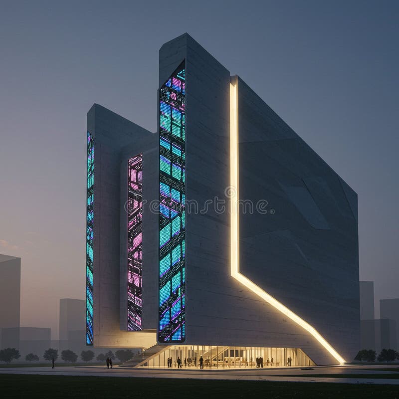 Futuristic building with angular, geometric design features a sleek, dark gray facade. royalty free illustration