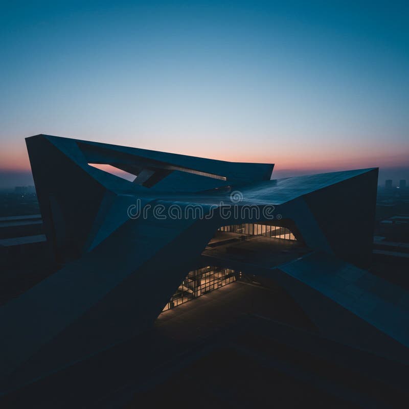 Futuristic building with angular, geometric design, featuring intersecting planes and royalty free illustration