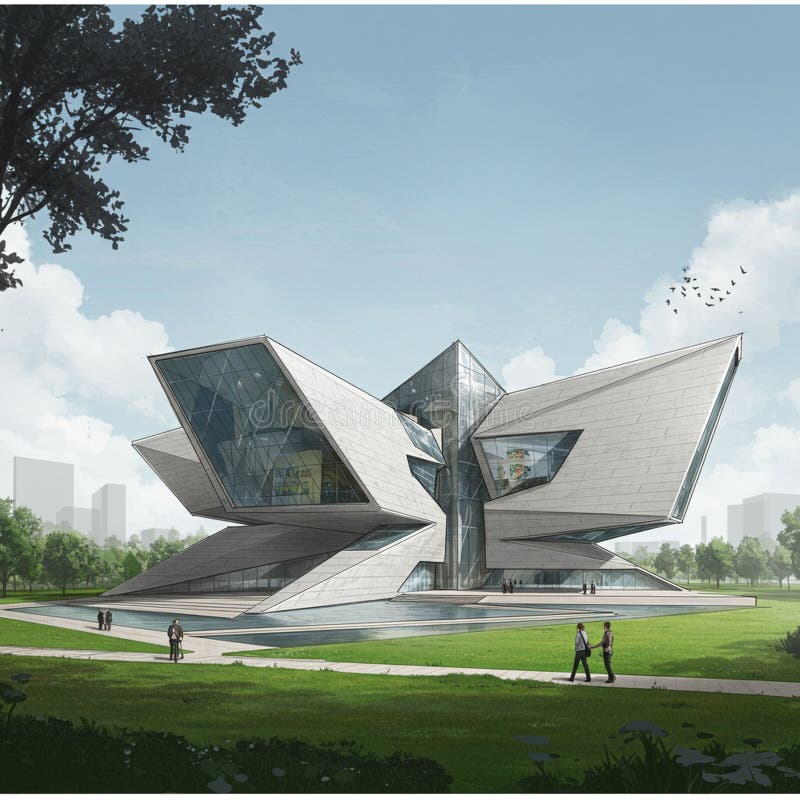 Futuristic building with angular, geometric design featuring large glass surfaces and stock illustration