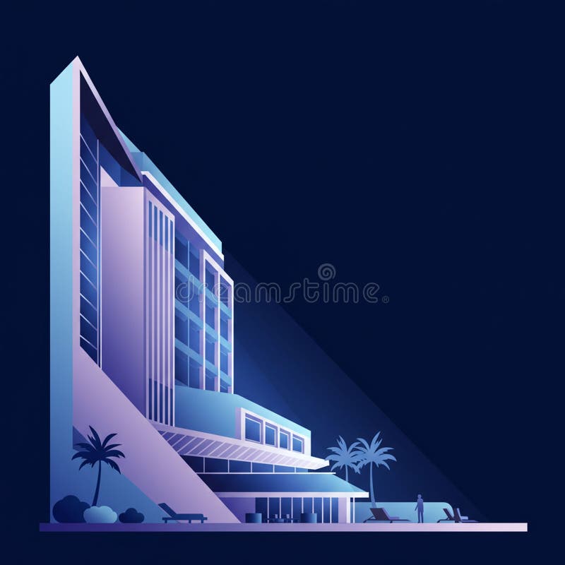 Futuristic building design features a multi-level structure with large windows, set vector illustration
