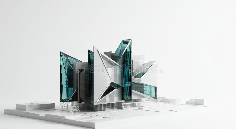 Futuristic building design featuring sharp, angular geometric shapes. The structu vector illustration
