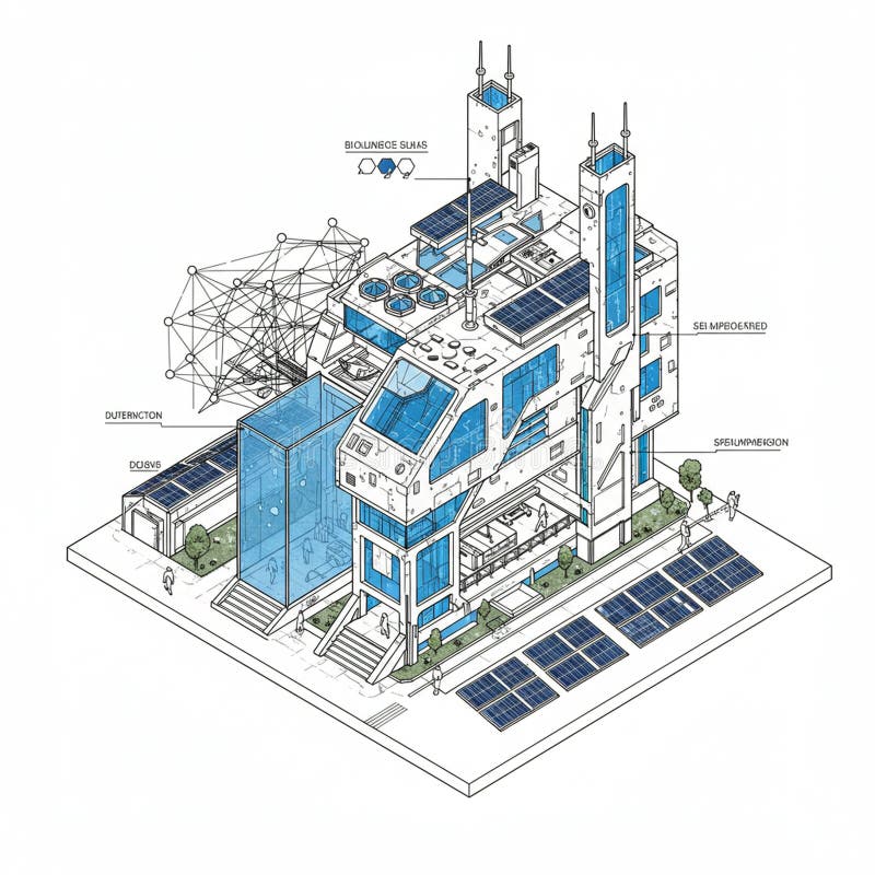Futuristic building design featuring solar panels on the roofs, with modern, geometric royalty free illustration