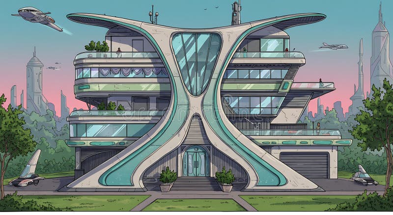 Futuristic building with a distinct, symmetrical design composed of sweeping royalty free illustration