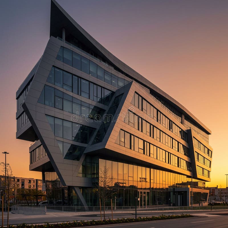 Futuristic building with a dynamic, angular design featuring large glass windo vector illustration