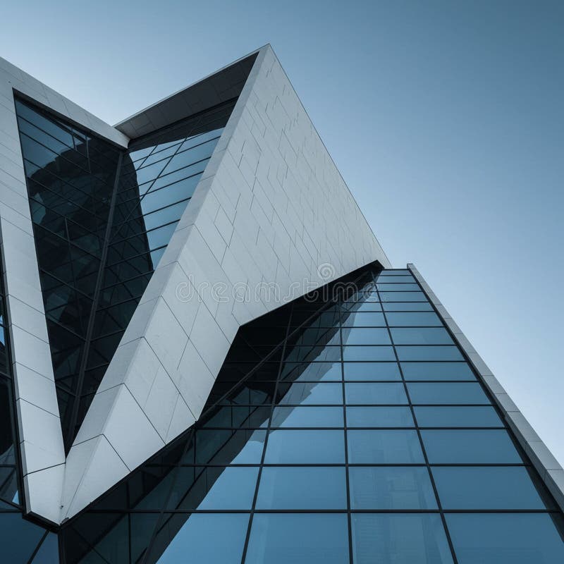 Futuristic building featuring sharp, angular geometry with intersecting lines and large, slanted glass panels. The structure combines reflective blue-tinted windows and white panels, creating a sleek, modern appearance. The design emphasizes dynamic angles and edges, contributing to an avant-garde architectural style against a clear sky.