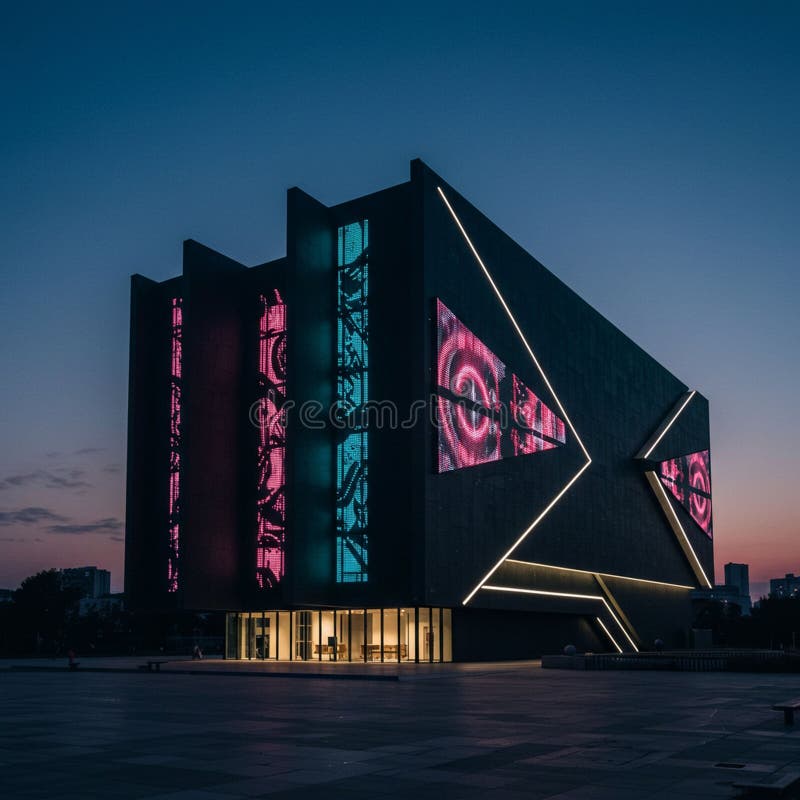 Futuristic building with geometric design and large illuminated panels displaying pink stock illustration