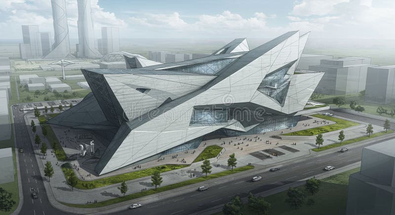 Futuristic building with sharp, angular architecture, resembling origami forms stock illustration