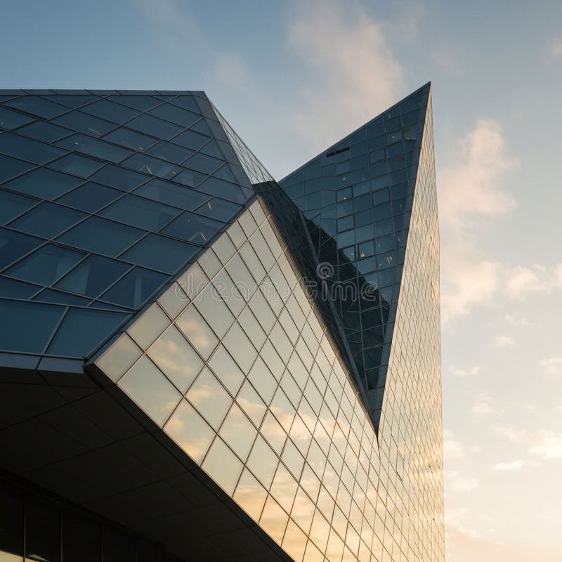 Futuristic building with sharp, angular glass facades reflecting the sky. The structure royalty free illustration