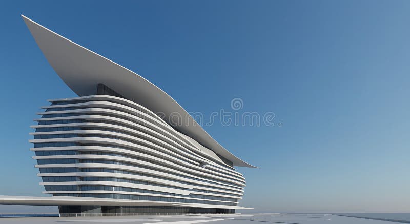 Futuristic building with a sleek, aerodynamic design featuring curved, wave-like royalty free illustration