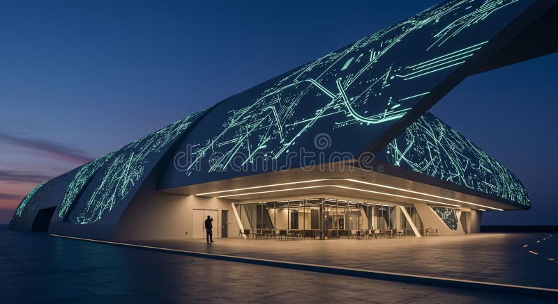 Futuristic building with a sleek, angular design illuminated by glowing circuit-li vector illustration