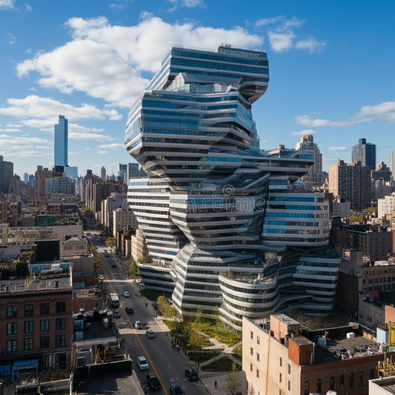 Futuristic building with stacked, irregularly-shaped floors and reflective glass facade in stock illustration