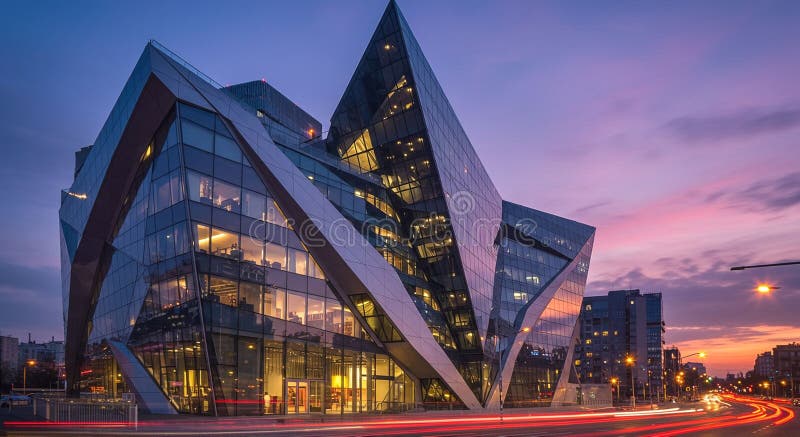 Futuristic building with a striking geometric design, featuring sharp angles and vector illustration