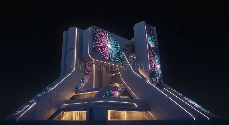 Futuristic building with a unique, angular design featuring illuminated panels royalty free illustration