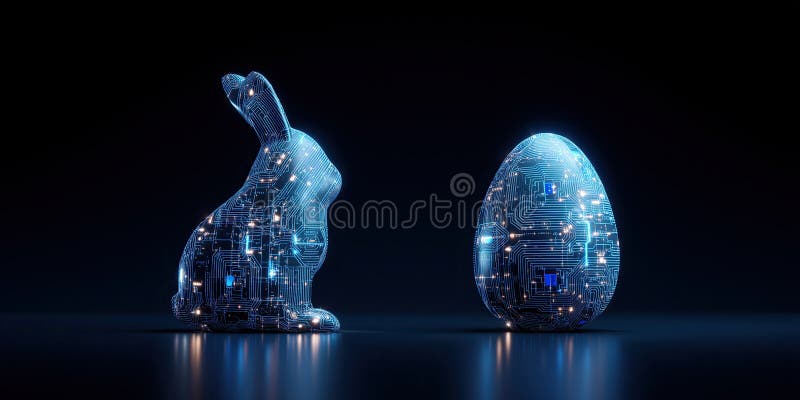 Futuristic bunny and egg with glowing circuit patterns on dark background stock illustration