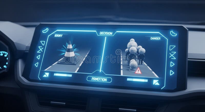 Futuristic Car Dashboard Displaying Decision-Making Interface for Obstacle Avoidance vector illustration