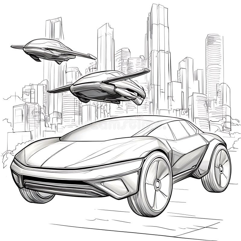 Futuristic Car and Drones in Black and White Design vector illustration