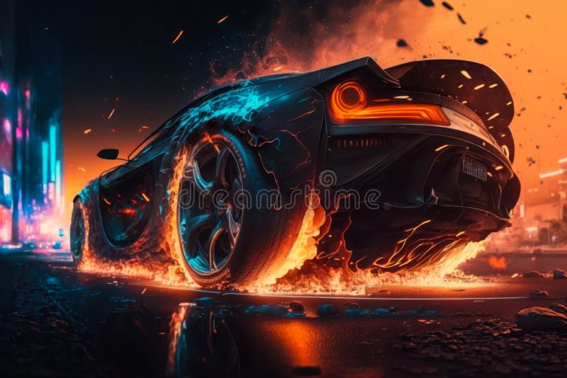 Futuristic Car with Flames Coming Out of it. Generative AI Stock Image