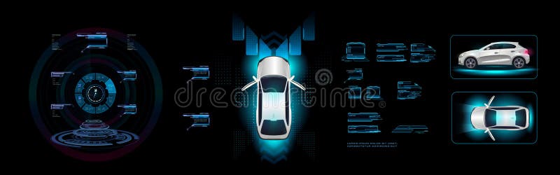 Futuristic car interface. Car with navigation pad on HUD digital holographic screen. Smart car control settings. Vehicle system wi stock illustration