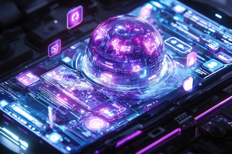 Futuristic chatbot interface on an AI-powered smartphone with neon holographics stock images