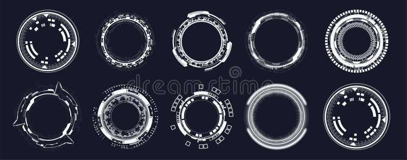 Futuristic circle elements. HUD focus elements. Sci-fi circular design. Camera viewfinder collection, Military royalty free illustration
