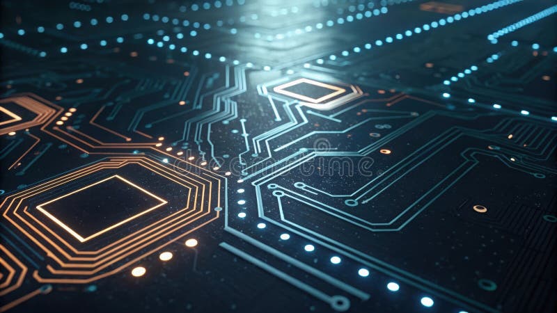 Futuristic circuit board displaying a pattern of glowing lights in an intricate seamless design stock illustration