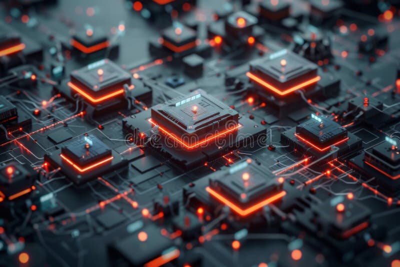Futuristic Circuit Board with Glowing Components. Close-up of a futuristic circuit board featuring glowing components and intricate wiring, representing advanced technology and innovation