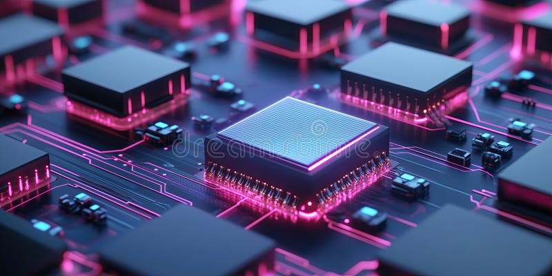 Futuristic circuit board with glowing microchips and neon lights stock illustration