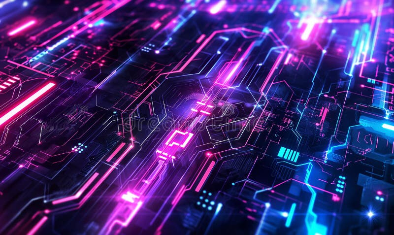 Futuristic Circuit Board with Glowing Neon Lights and Abstract Data Paths vector illustration