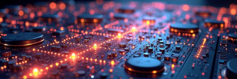 Futuristic circuit board with glowing orange and blue leds in a dark setting royalty free illustration