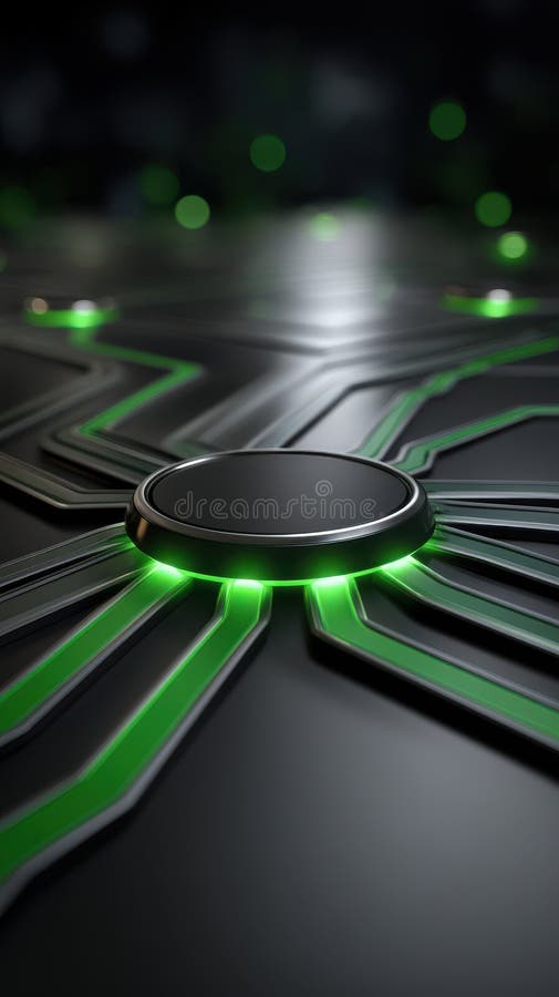 Futuristic circuit board with green illuminated pathways connecting to circular element with shallow depth of field and bokeh. AI generated