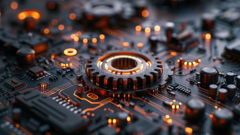 Futuristic Circuit Board with Paper Gear for Digital Tech Concept - Plenty of Space for Content stock illustration