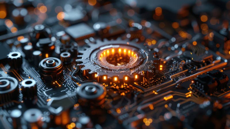 Futuristic Circuit Board with Paper Gear for Digital Tech Concept stock illustration