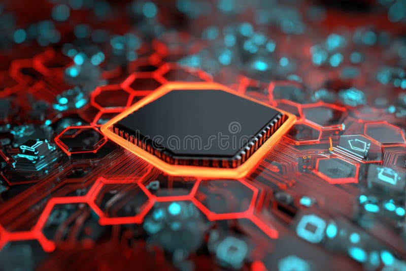 A futuristic circuit board is processing data with a hexagonal microchip royalty free stock photo