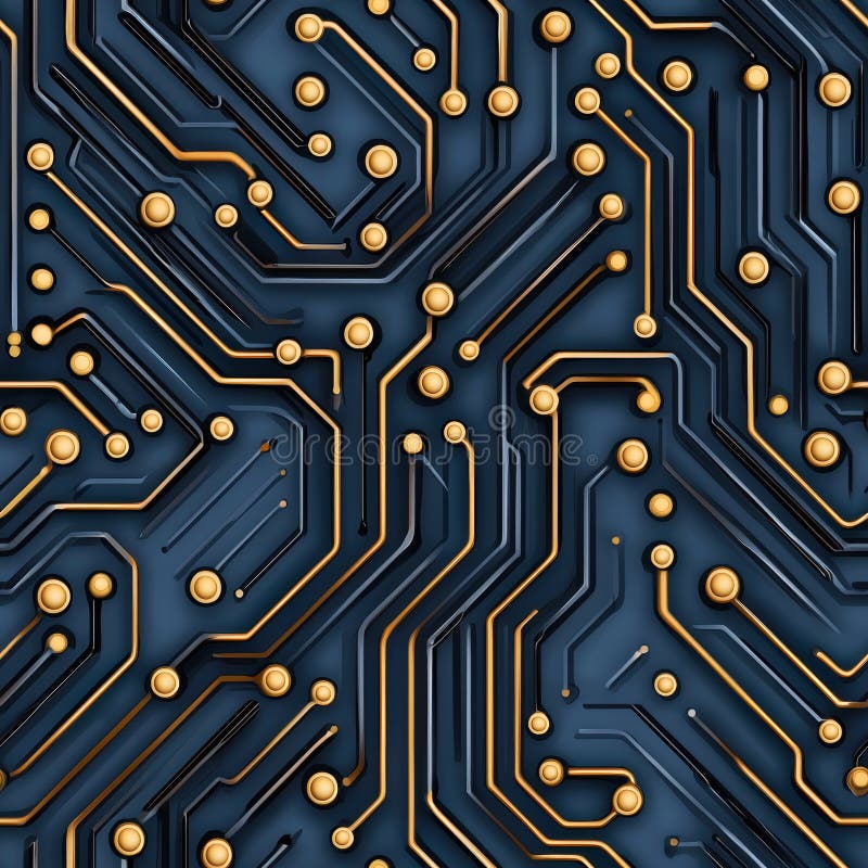Futuristic circuitry pattern with intricate lines and golden nodes, creating technological and digital feel stock illustration