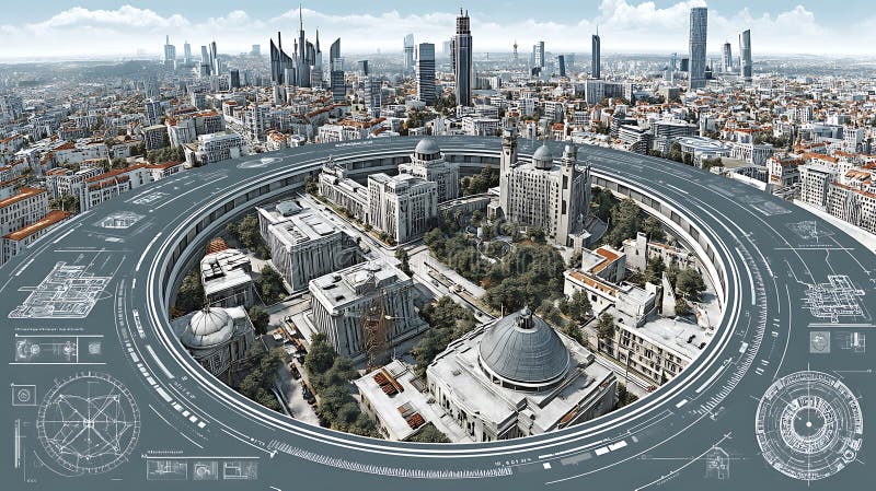 Futuristic City Aerial View με γκρι και μπλε ουρανοξύστη με κυκλικά σχεδιαστικά στοιχεία ελεύθερη απεικόνιση δικαιώματος