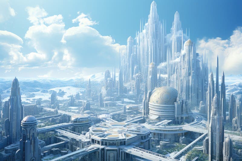 Futuristic city in blue sky 3d rendering. ένα συναρπαστικό τοπίο με φουτουριστικά κτίρια ai διανυσματική απεικόνιση
