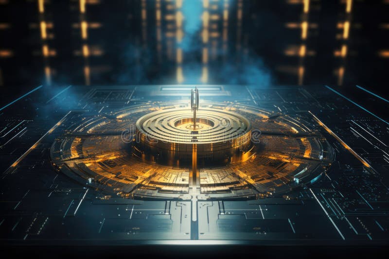 A futuristic city with a circular clock in the middle, cutting-edge quantum encryption vector illustration