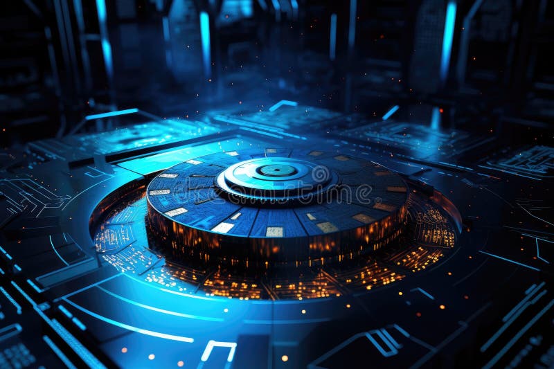 A futuristic city with a circular clock in the middle, cutting-edge quantum encryption royalty free illustration