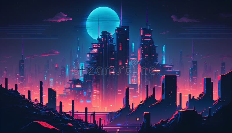 Futuristic City with Neon Lights. Futuristic City Concept. Vector ...