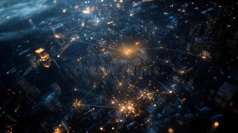 Abstract Cityscape Network Digital Art Golden Lines Modern Technology Futuristic Background stock illustration